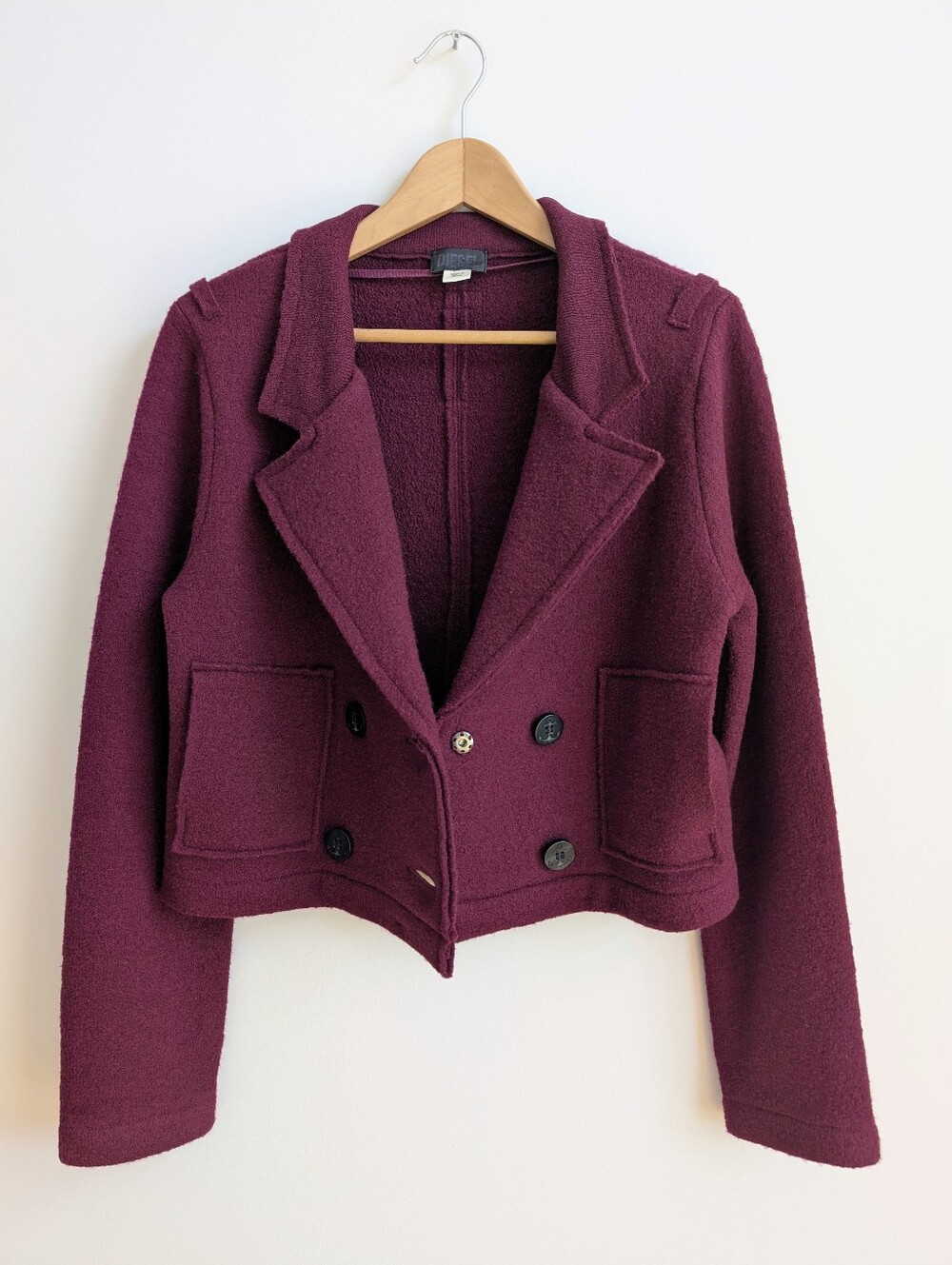 Diesel 100% Wool Dark Deep Red Cropped Double Breasted Jacket Small - Picture 2 of 16